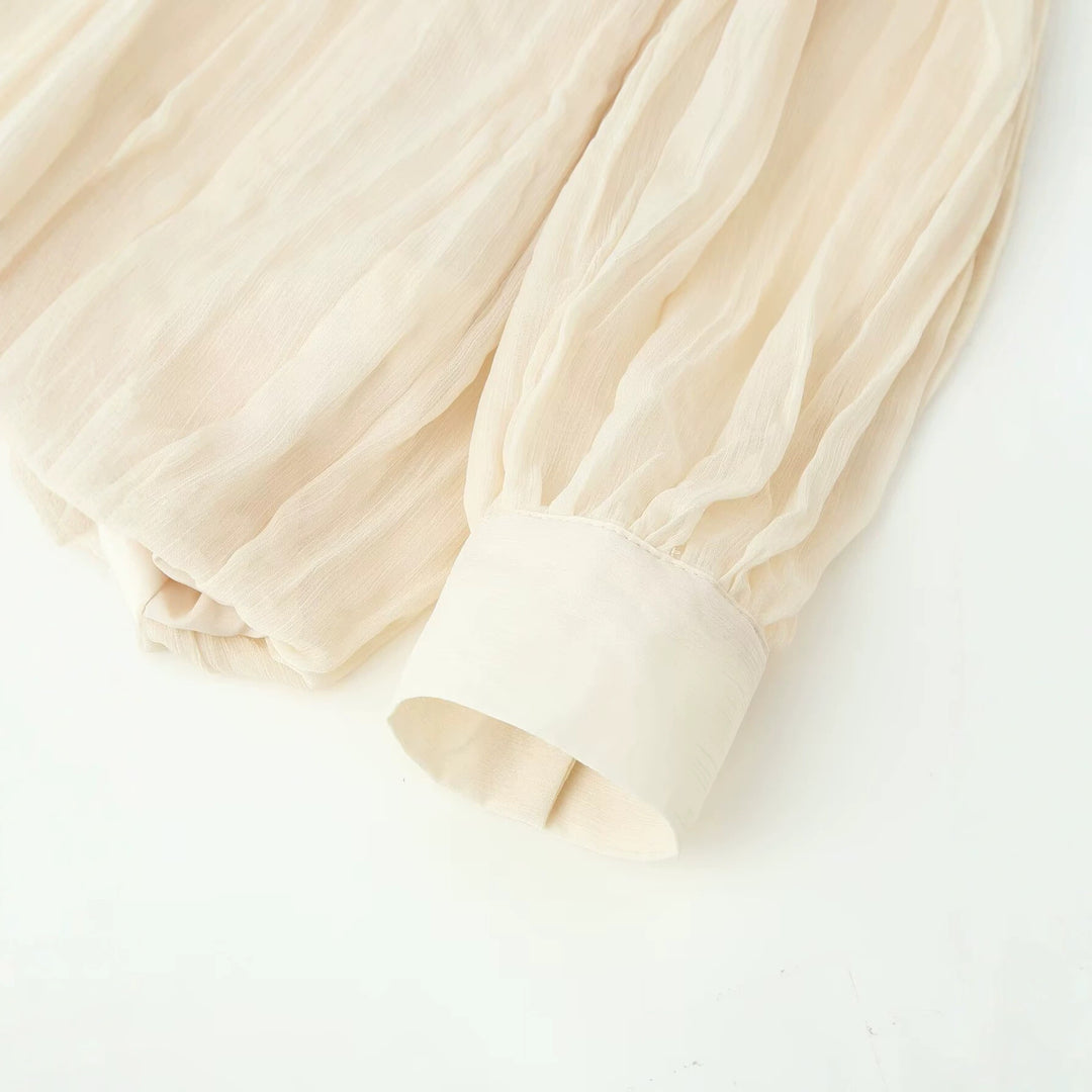 Women's Flowing Chiffon Pleated Blouse with Tie and Cuffs Mune Fashion