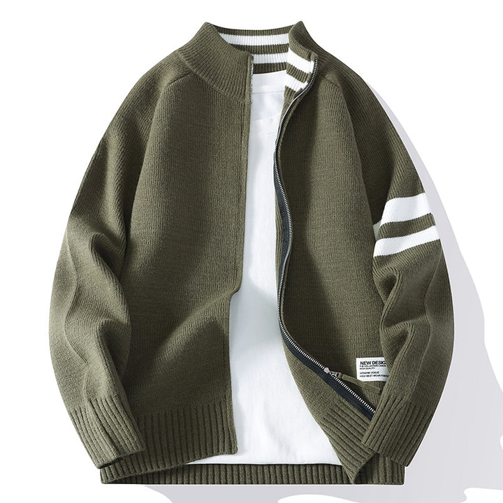 Men's knitted zip cardigan in college style with striped sleeve band and ribbed stand-up collar Mune Fashion