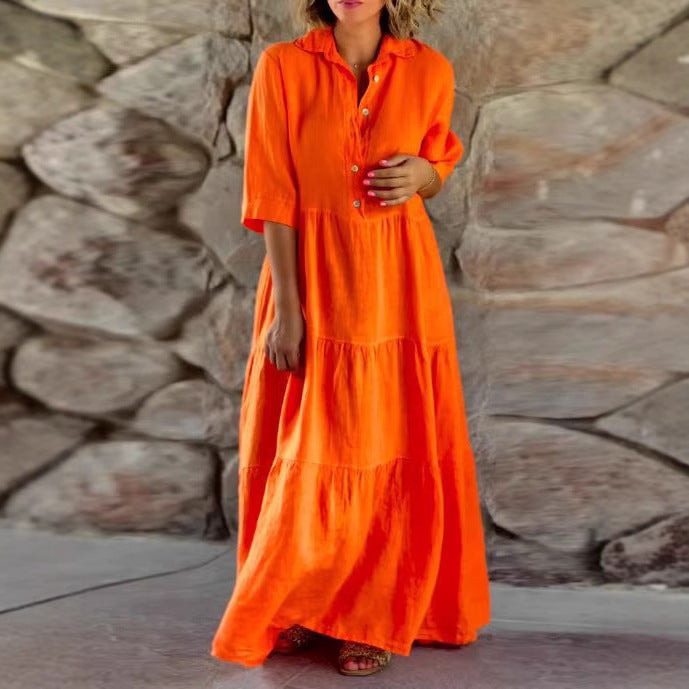 Women's summer linen blend tiered maxi dress with shirt collar, gathered waist and elbow-length sleeves Mune Fashion