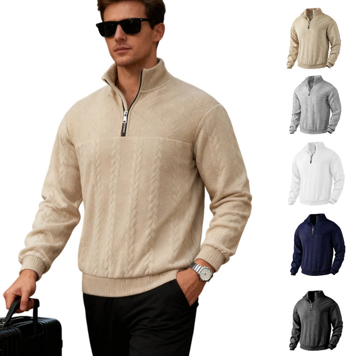 Men's chunky knit half-zip sweater with cable pattern and stand-up collar Mune Fashion