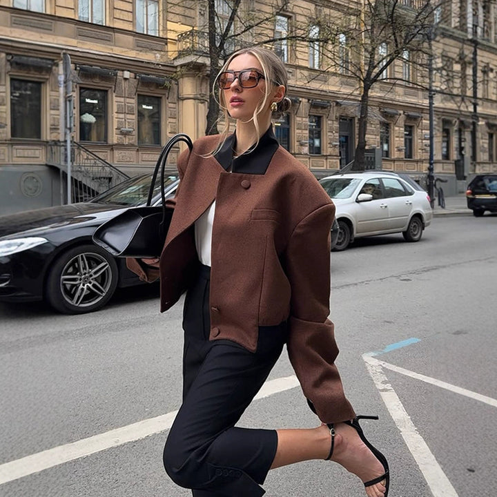 Women's Boxy Cropped Wool Jacket with Boxy Shoulder, Contrasting Lapel Collar and Hidden Button Placket Mune Fashion
