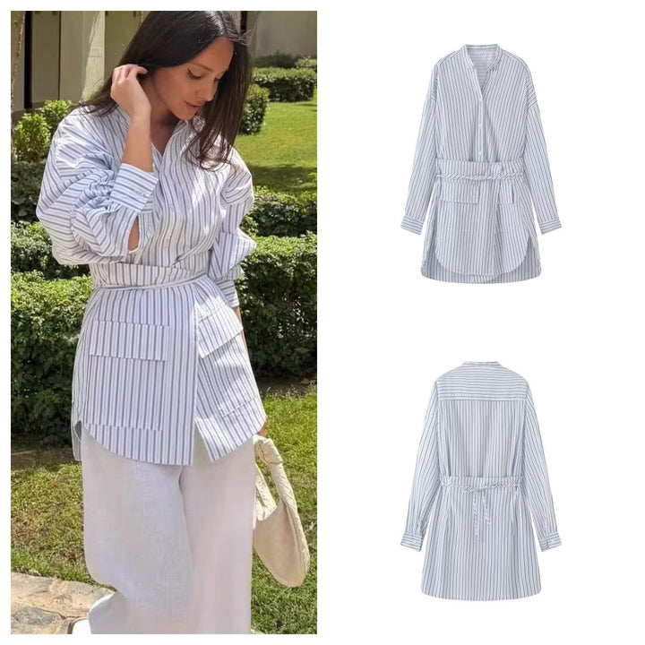 Women's shirt dress with belted waist, mandarin collar, and patch pockets Mune Fashion