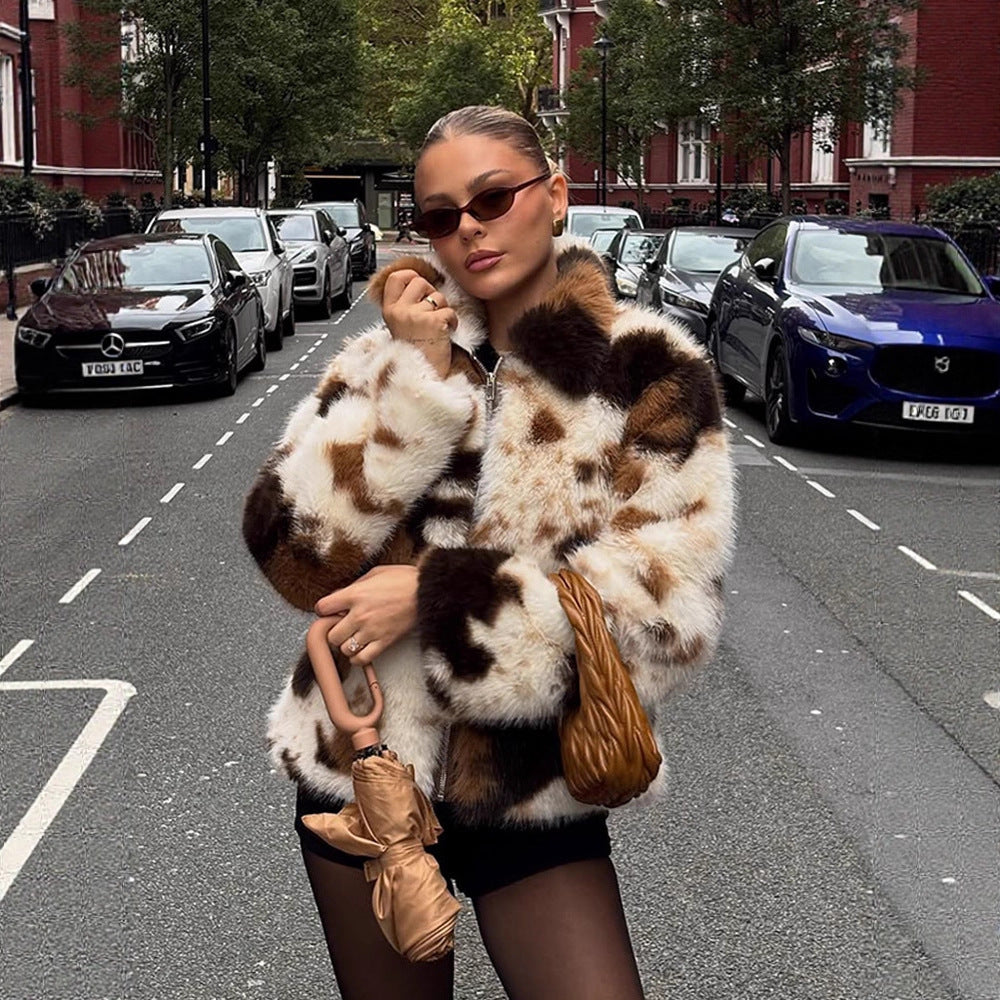 Women's Short Patchwork Faux Fur Blouson with Stand Collar and Concealed Zipper Mune Fashion