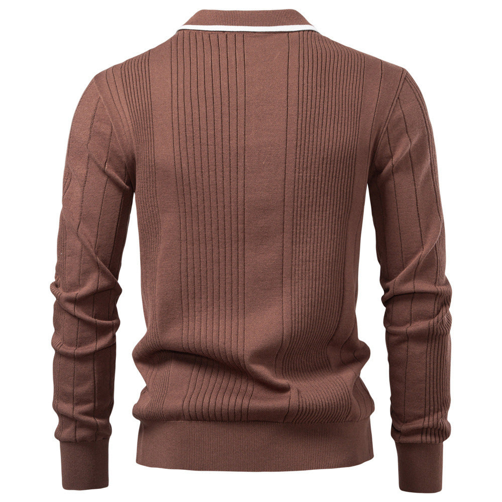 Men's long-sleeved polo sweater made of fine knit with vertical ribbed intarsias and contrast edges Mune Fashion