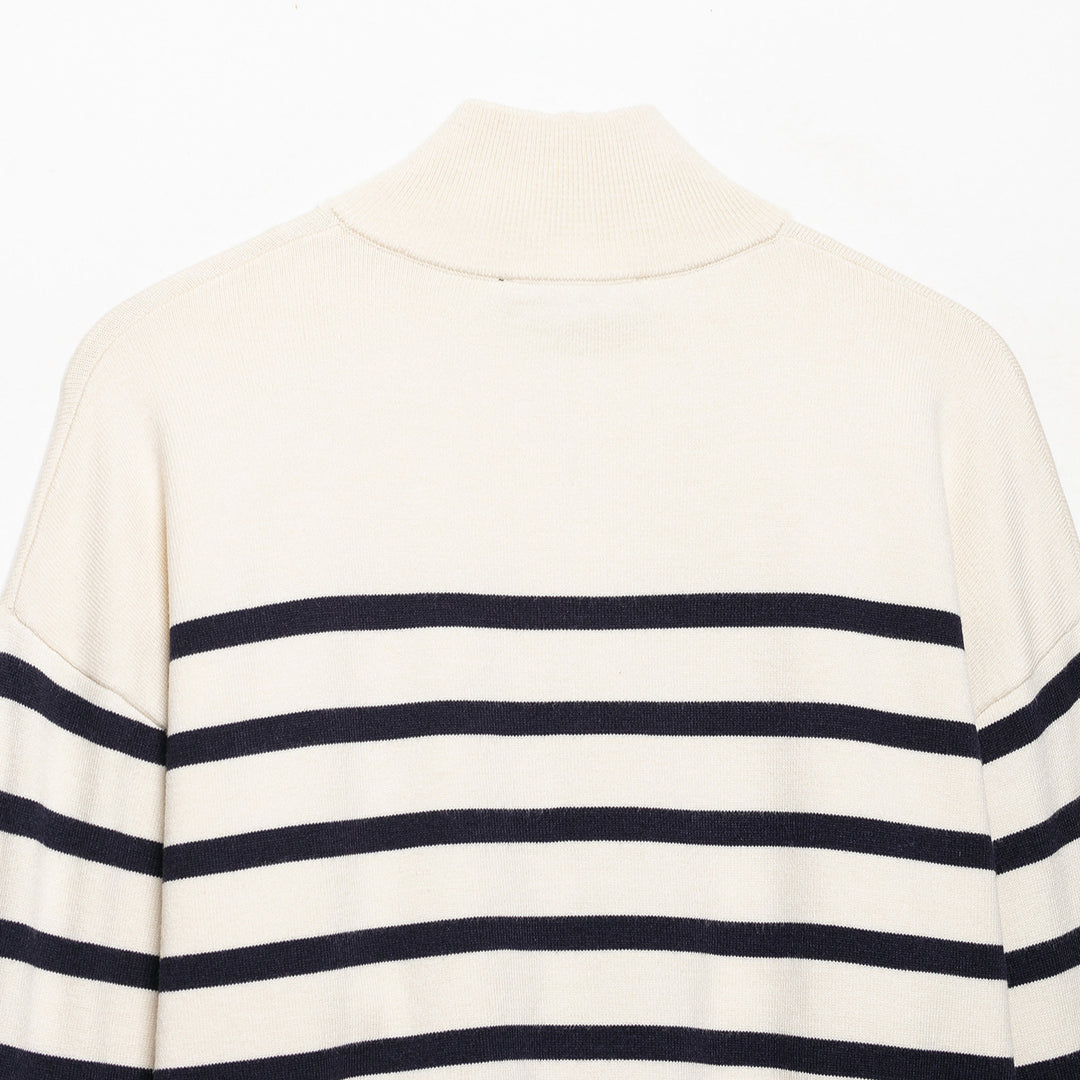 Women's Striped Half-Zip Knit Sweater with Stand-up Collar Mune Fashion