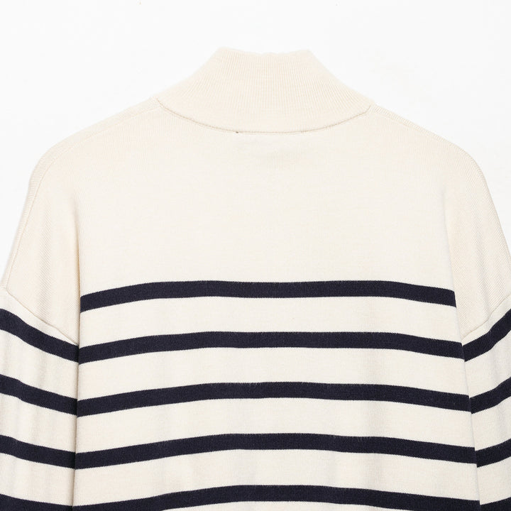 Women's Striped Half-Zip Knit Sweater with Stand-up Collar Mune Fashion