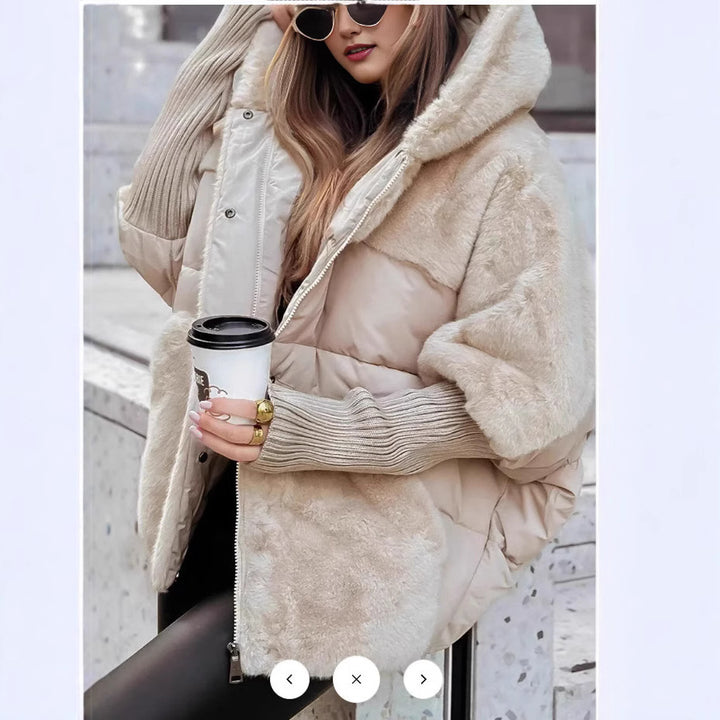 Women's oversized quilted winter jacket with faux fur panels, hood and integrated ribbed sleeve details Mune Fashion