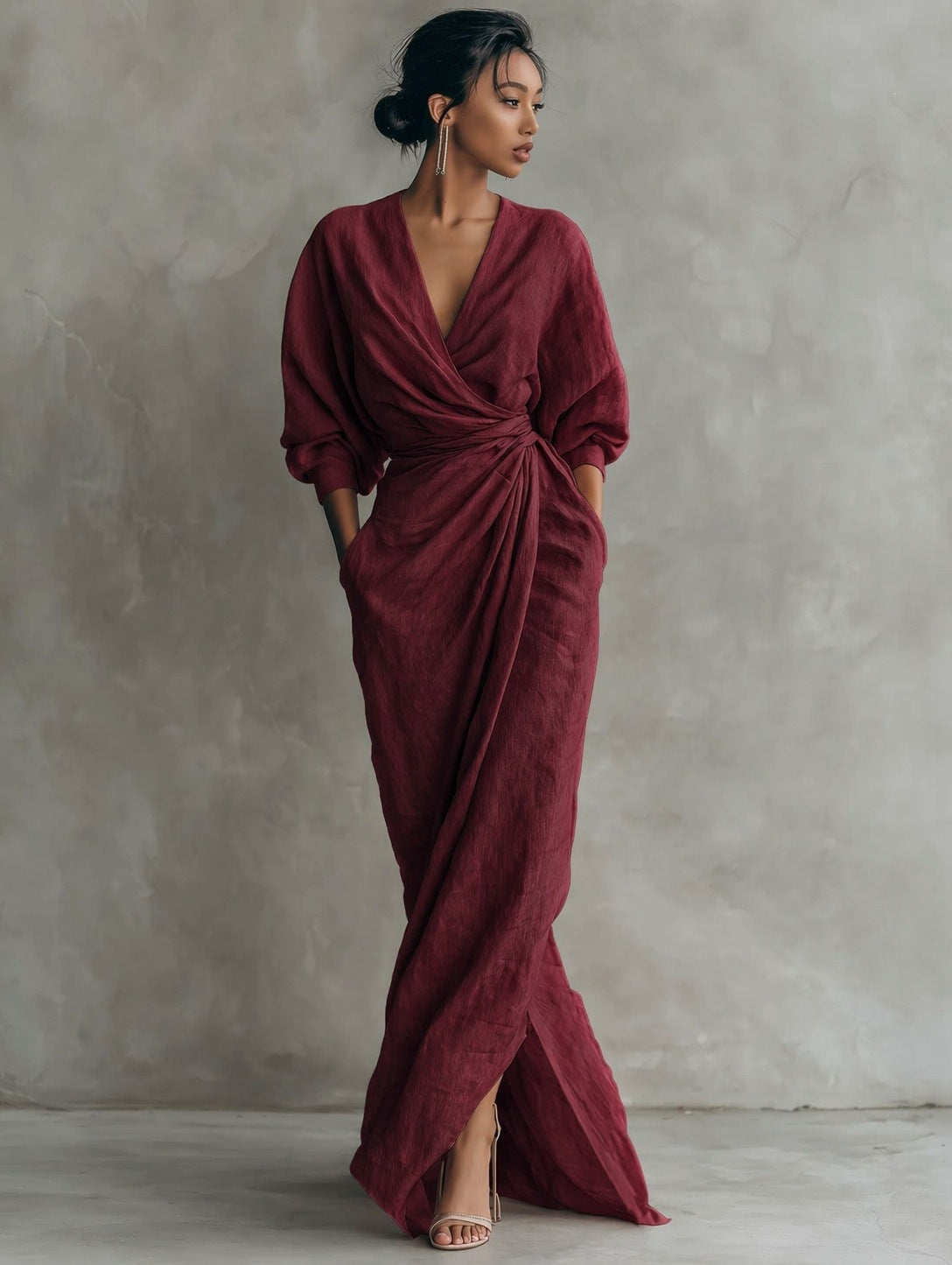 Women's wrap maxi dress made of linen blend with deep V-neck and balloon sleeves Mune Fashion