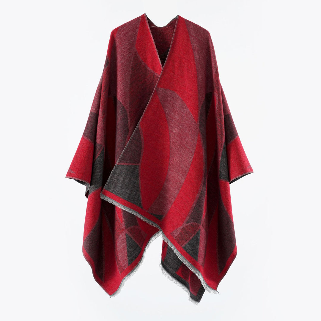 Women's Oversize Poncho with V Neck and Geometric Jacquard Design Mune Fashion