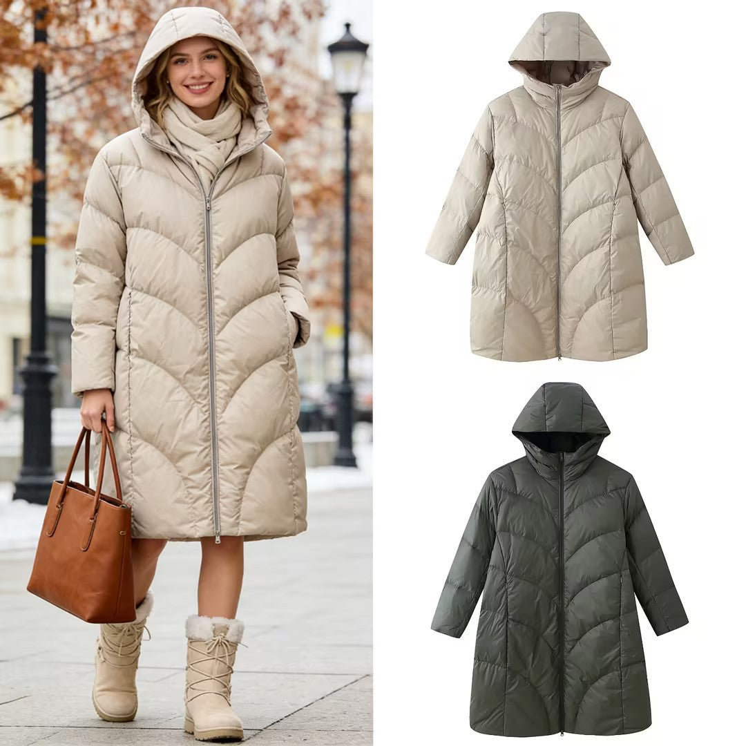 Women's longer padded quilted coat with hood and double zipper Mune Fashion