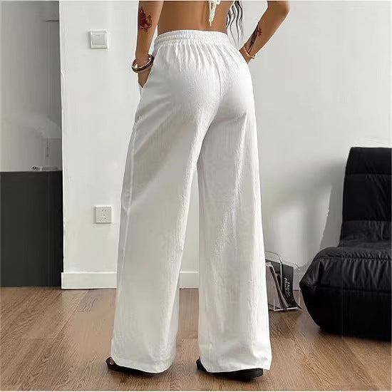 Women's wide linen-like lounge pants with elastic waistband and drawstring Mune Fashion