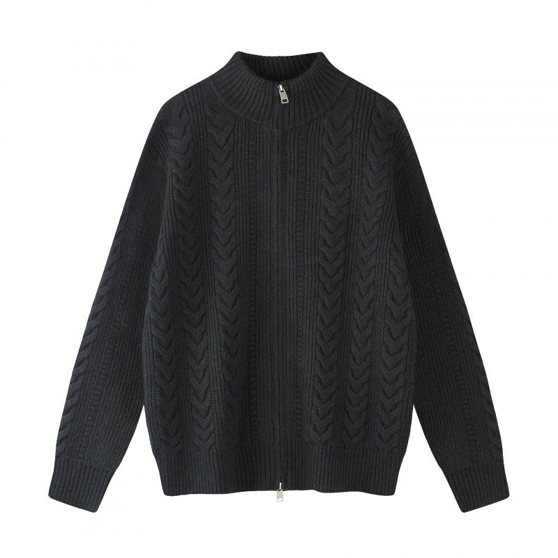 Women chunky knitted cable knit cardigan with full zip and standing collar Mune Fashion