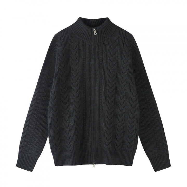 Women chunky knitted cable knit cardigan with full zip and standing collar Mune Fashion