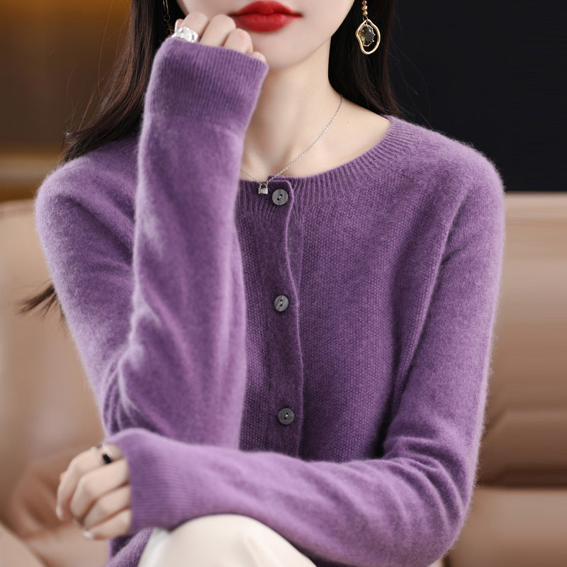 Women's Short-Cut Fine Knit Cardigan with Round Neck and Shimmering Button Placket Mune Fashion