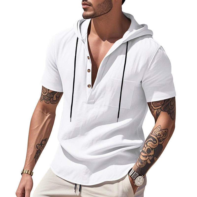 Men's lightweight short-sleeve hooded Henley made of single jersey with chest pocket and contrast drawstring Mune Fashion