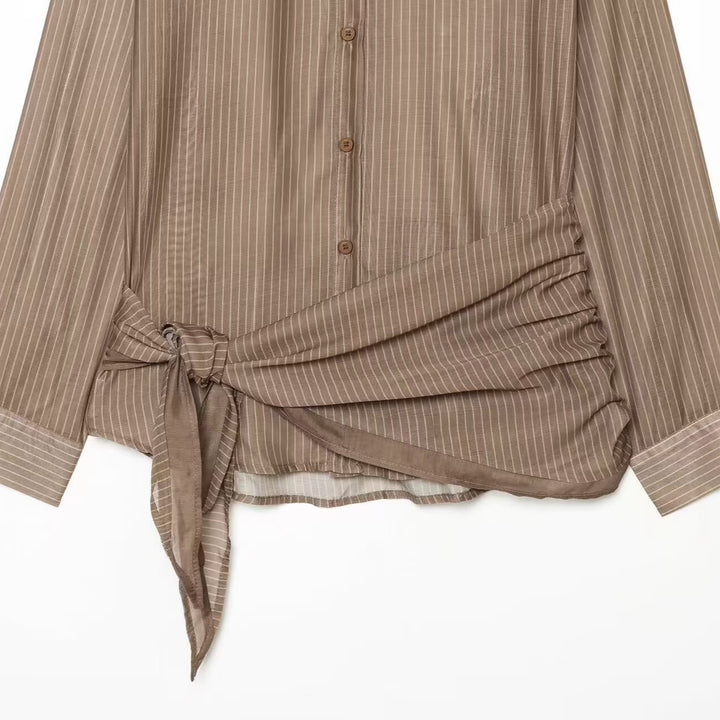 Women's blouse in silk look with pinstripes and side knot detail