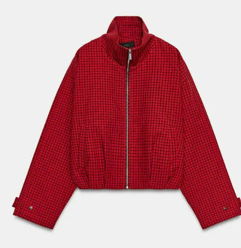 Women's Cropped Blouson Jacket made of woven fabric with stand-up collar, elastic hem, and fine check design Mune Fashion