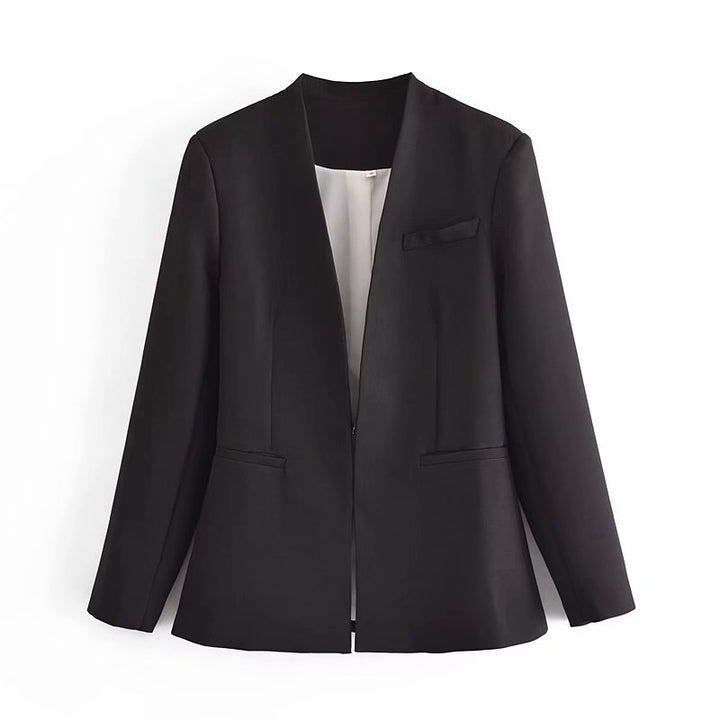 Women Tailored Blazer without Lapels with Open Front and Welt Pockets Mune Fashion