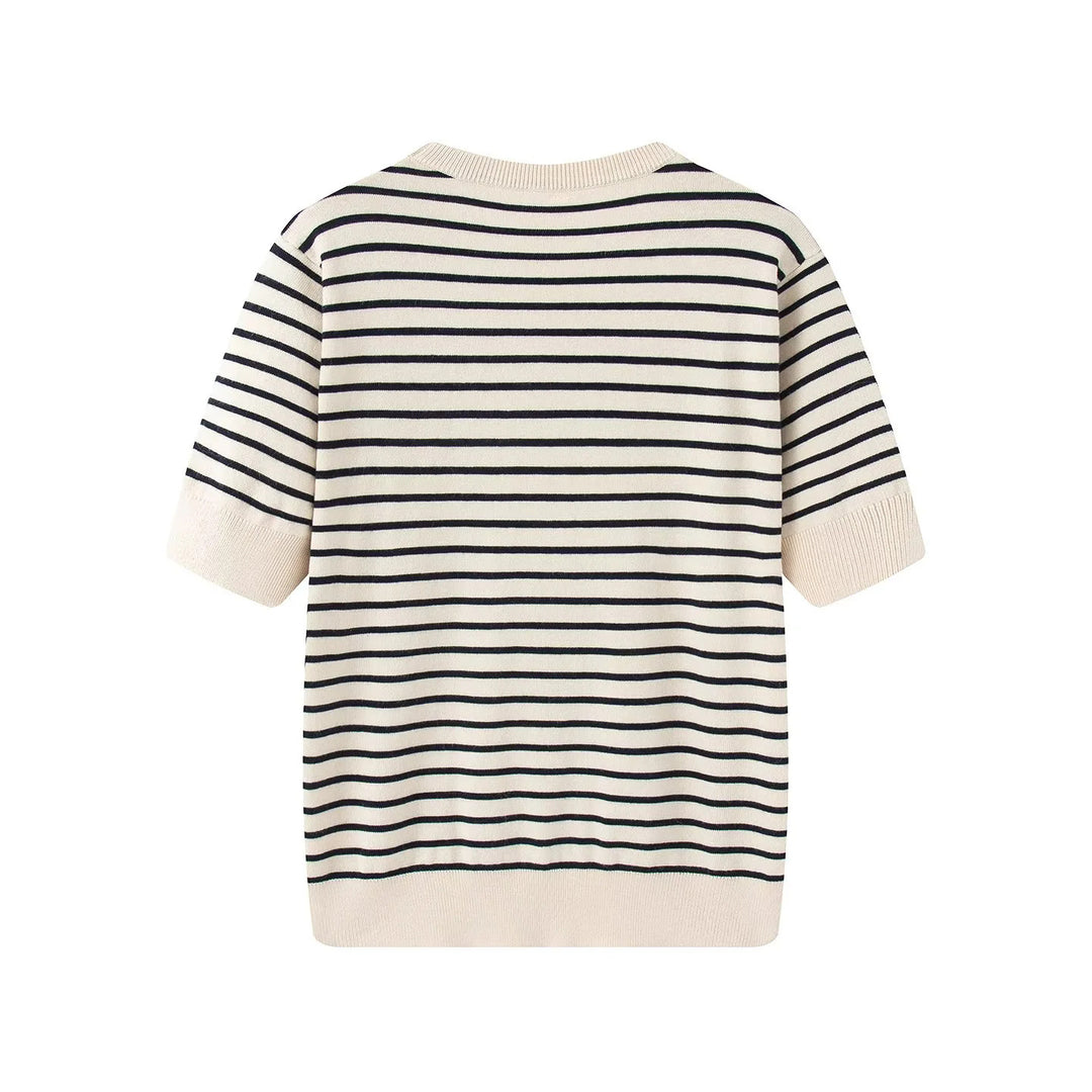 Women knitted striped fine knit cardigan with round neckline and full button placket Mune Fashion