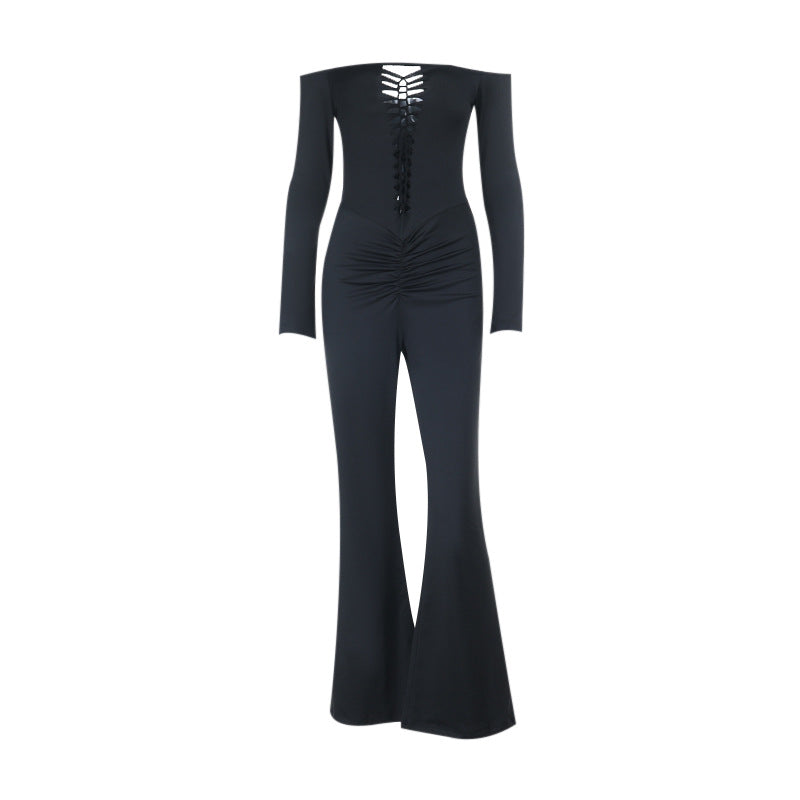 Women's off-shoulder fitted jumpsuit with lace-up bustier, hip gathering and flared pants Mune Fashion