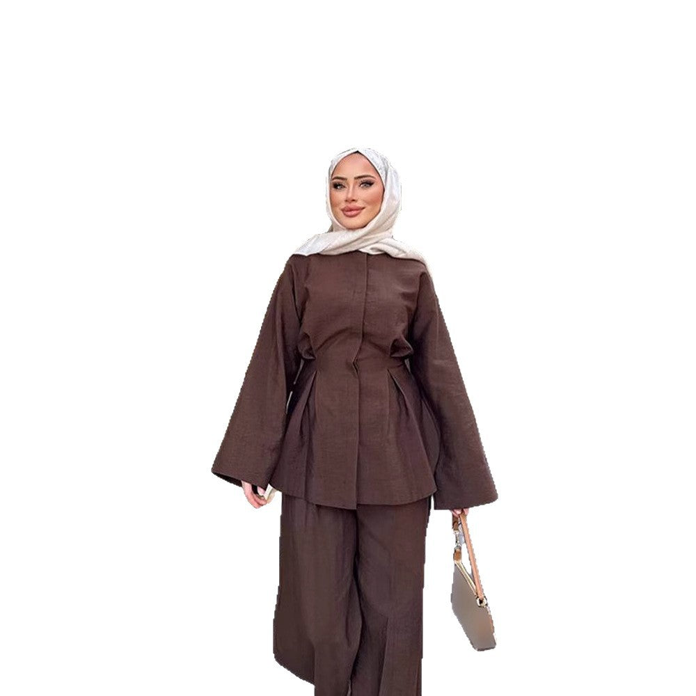 Ladies two-piece linen set with tailored pleat, wide leg and zip jacket Mune Fashion
