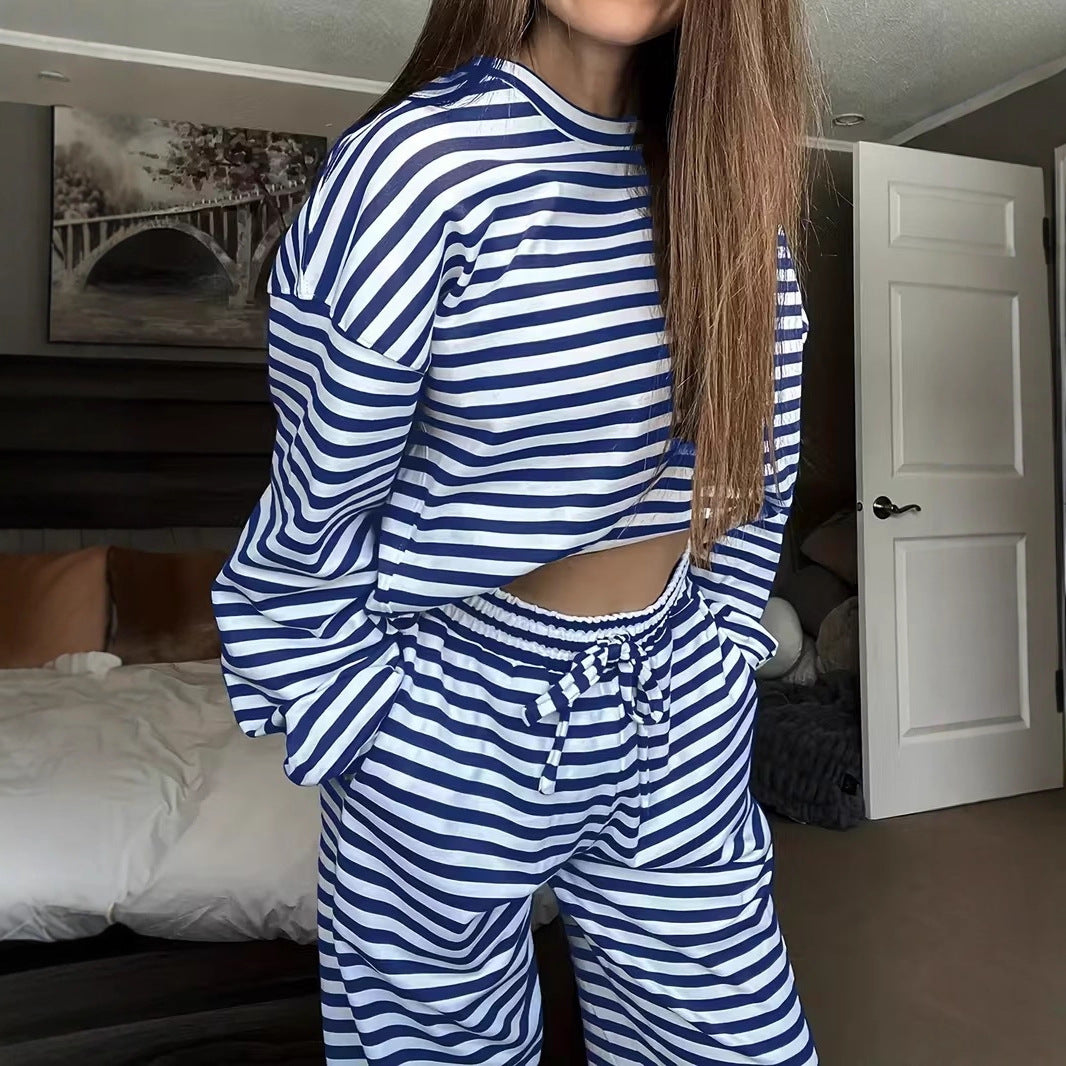 Women's Striped Lounge Set made from a soft cotton blend with wide leg Mune Fashion