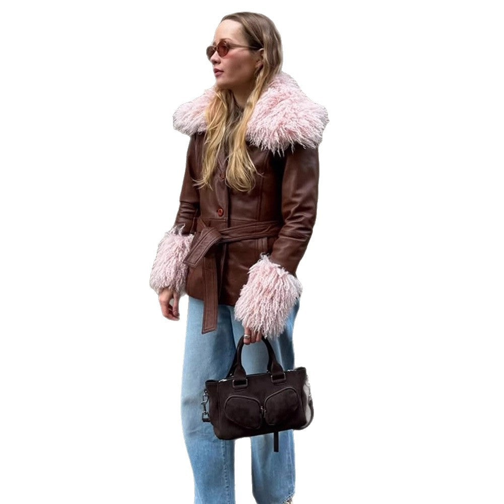 Women tailored leather imitation jacket with tie belt, opulent removable faux fur shawl collar and fur cuffs Mune Fashion