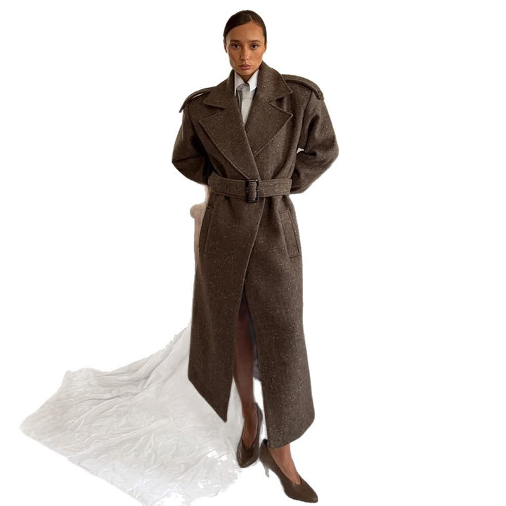 Women's Maxi-Length Wool Cocoon Coat with Emphasized Shoulder Section and Waist Belt Mune Fashion