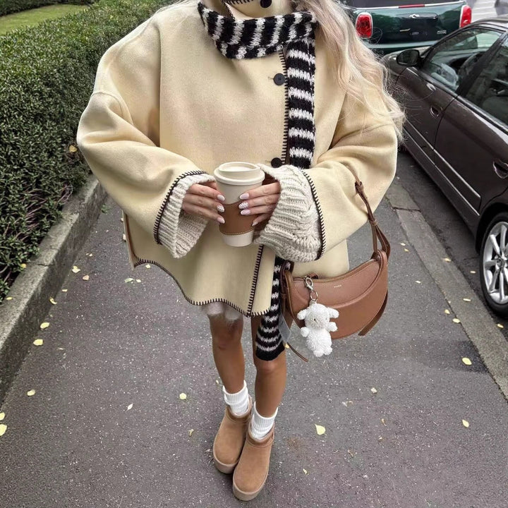 Women's Short Boxy Coat-Cape with Standing Collar and Contrast Decorative Stitch Mune Fashion