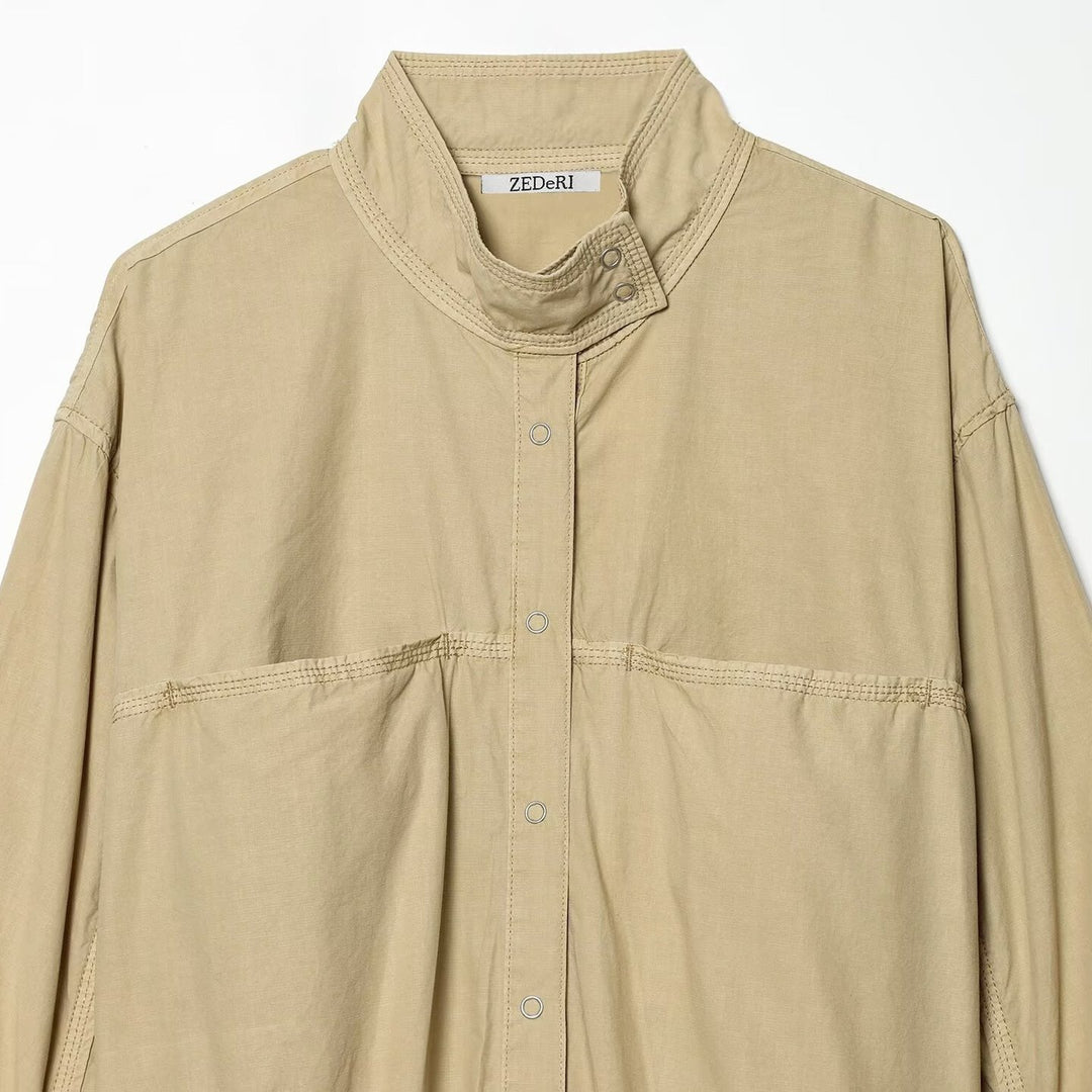 Women's Cropped Bomber Jacket with Stand-Up Collar, Snap Button Placket and Gathered Sleeves Mune Fashion