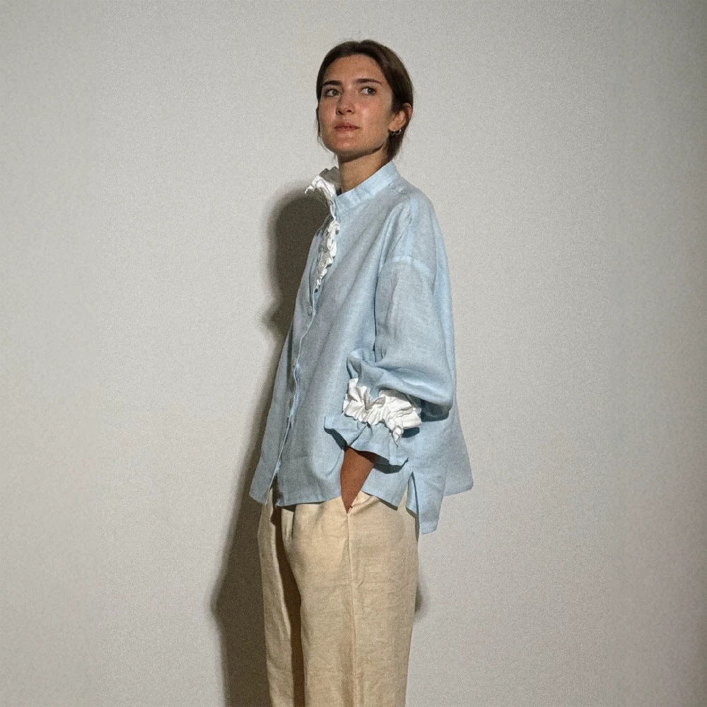 Women's lightweight linen blouse with stand-up collar, oversized silhouette and gathered cuffs Mune Fashion