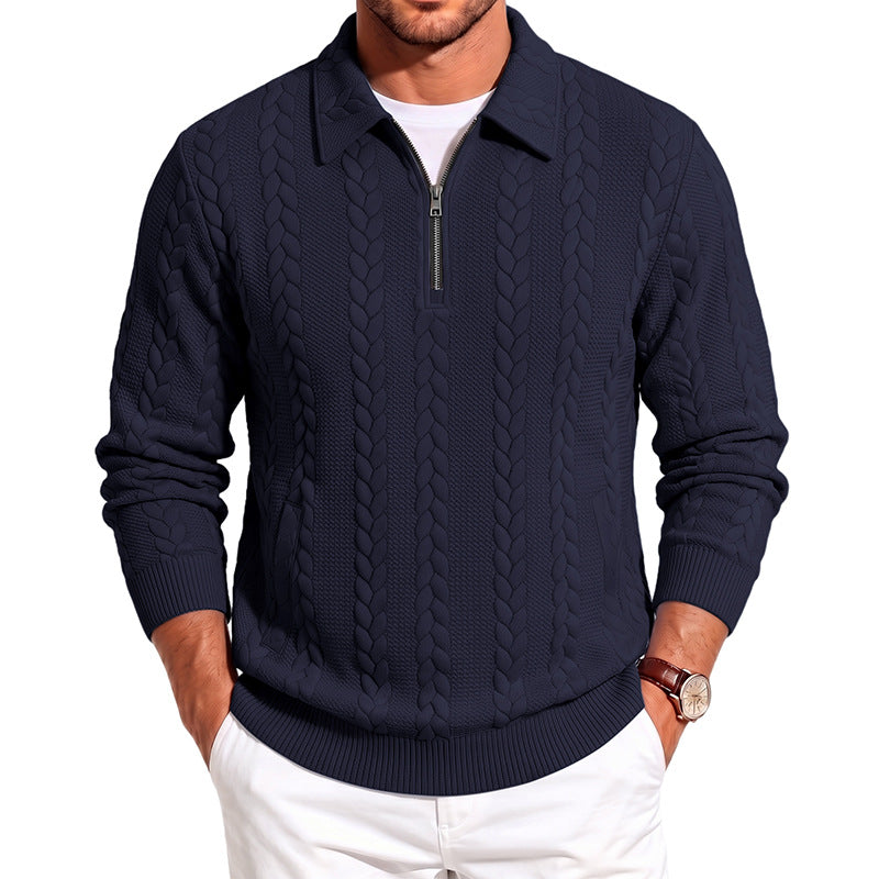 Men's Structured Cable Knit Half-Zip Sweater with Shirt Collar and Ribbed Cuffs Mune Fashion
