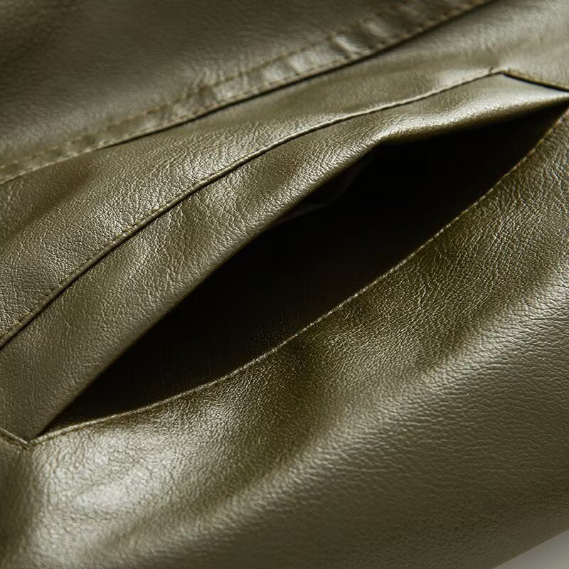 Women's Oversize Faux Leather Blouson with Elastic Hem, Slanted Zipper Chest Pocket and Zipper Sleeves Mune Fashion