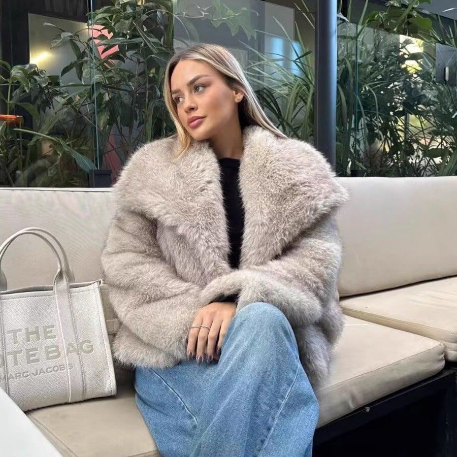 Ladies Short Boxy Faux Fur Jacket with Wide Shawl Collar and Long Fiber Faux Fur Mune Fashion