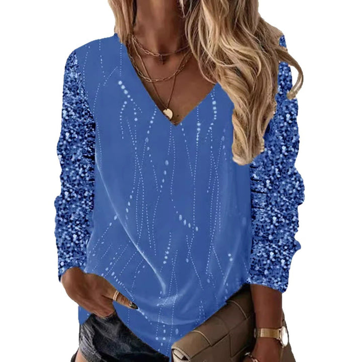 Women's Festive V-Neck Blouse with Sequin Sleeves and Light Draping