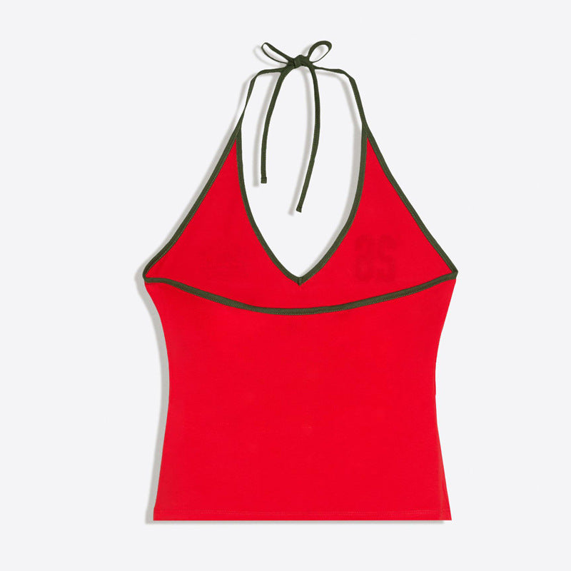 Ladies nan halter top with deep V-neck and sporty retro print Mune Fashion