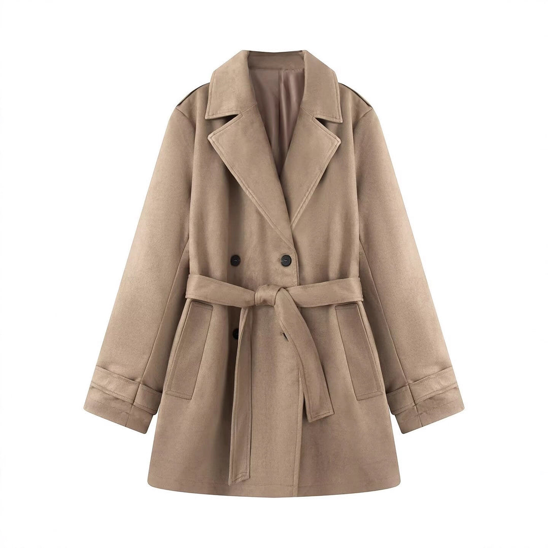 Women's Tailored Suede Look Trench Coat with Belt and Double Breasted Button Placket Mune Fashion