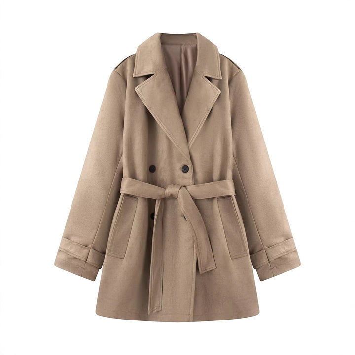 Women's Tailored Suede Look Trench Coat with Belt and Double Breasted Button Placket Mune Fashion
