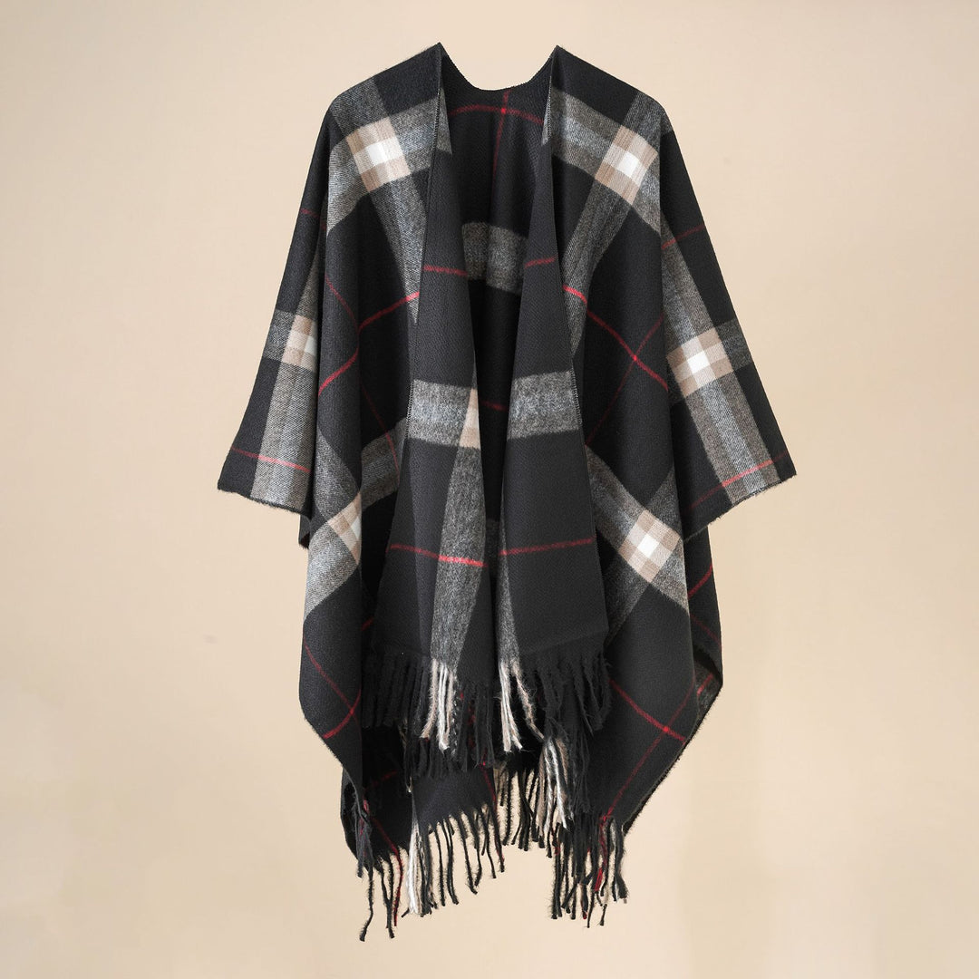 Women's Wool Blend Poncho with Check Pattern and Fringing Mune Fashion