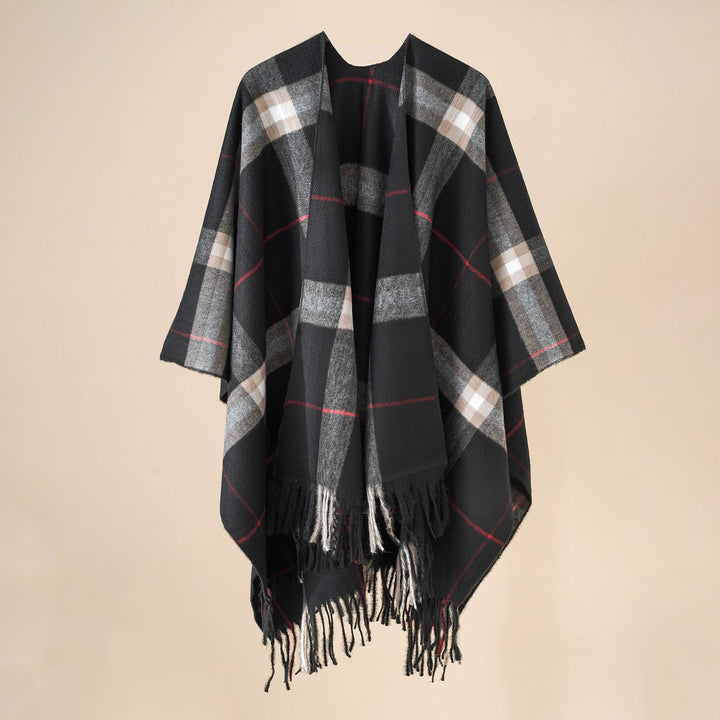 Women's Wool Blend Poncho with Check Pattern and Fringing Mune Fashion