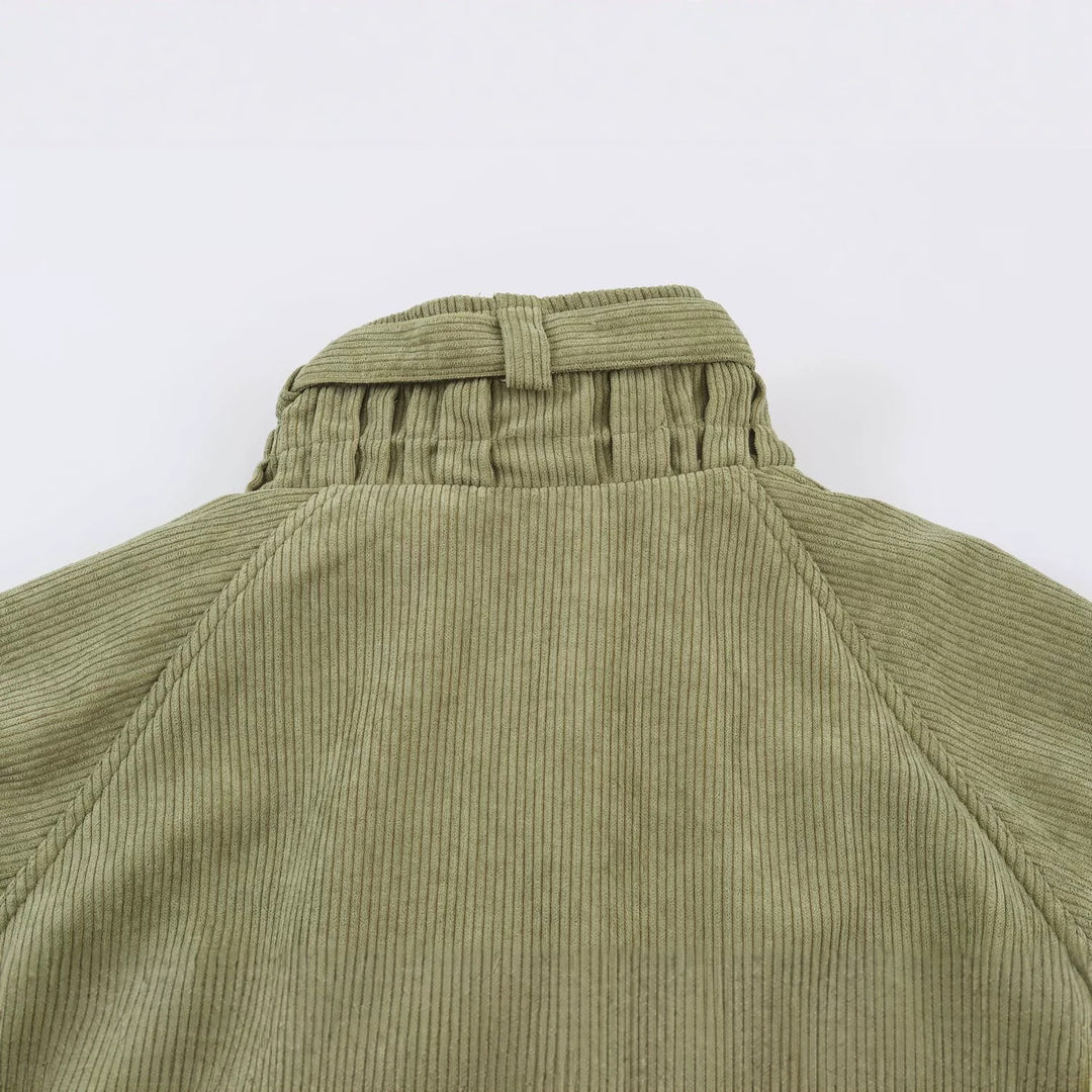 Women's Cord Field Jacket with Waist Belt and Stand-Up Collar Mune Fashion