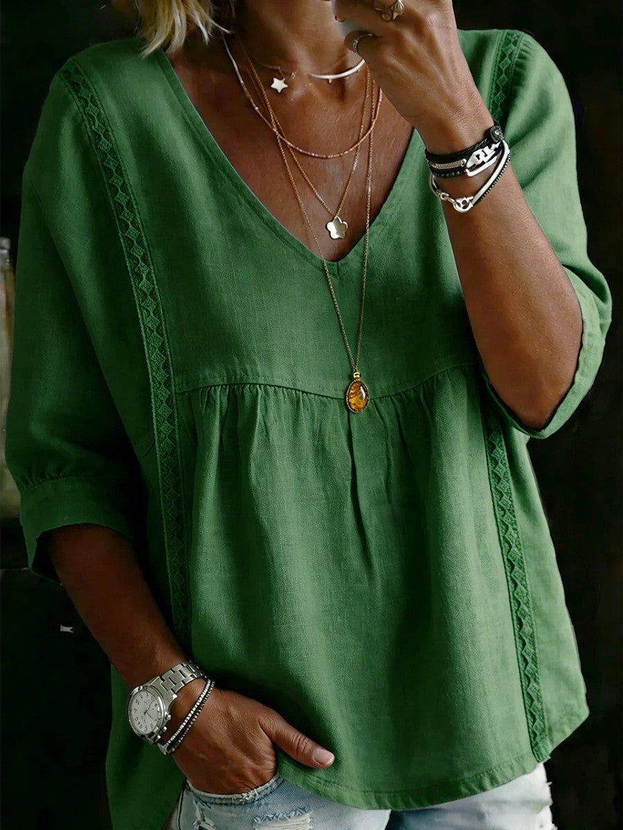 Women Loose V-Neck Linen Blouse with Lace and 3/4 Sleeves Mune Fashion