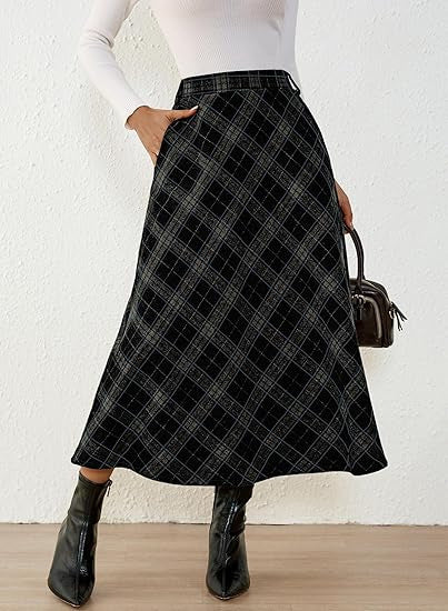 Women's Checked Midi Skirt in A-Line with High Waist and Side Pockets Drune