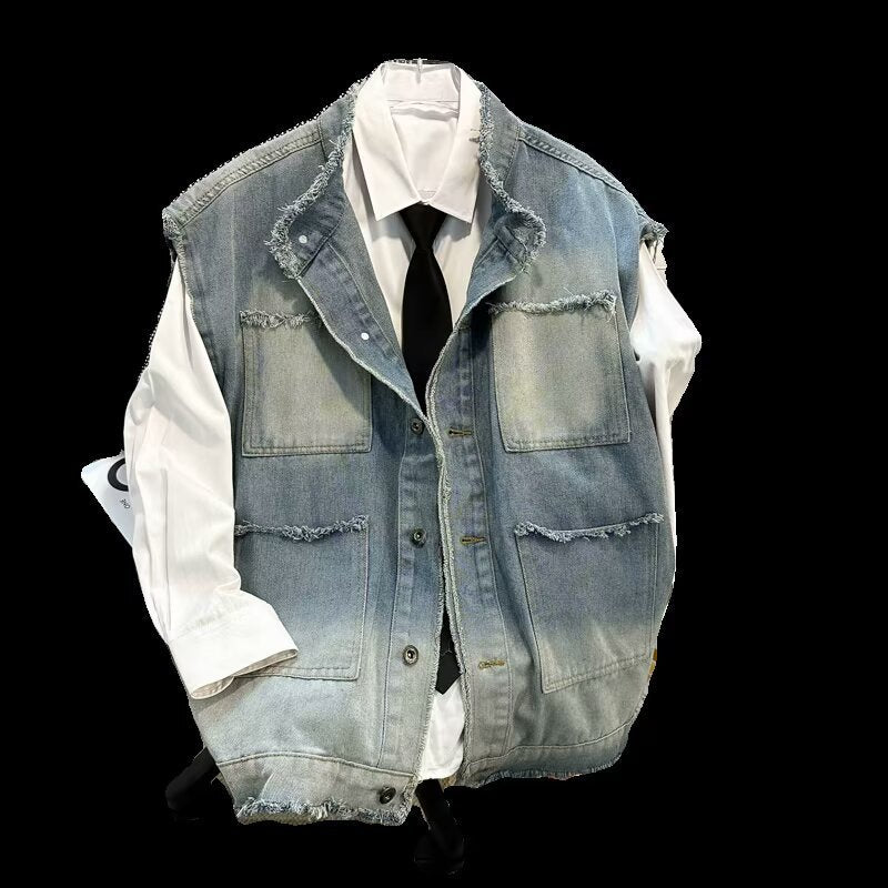 Men's Sleeveless Denim Vest in Vintage Used Look with Frayed Hem and Ombre Fading Mune Fashion