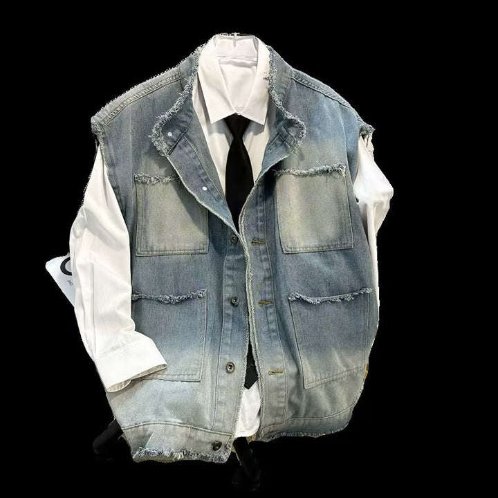 Men's Sleeveless Denim Vest in Vintage Used Look with Frayed Hem and Ombre Fading Mune Fashion