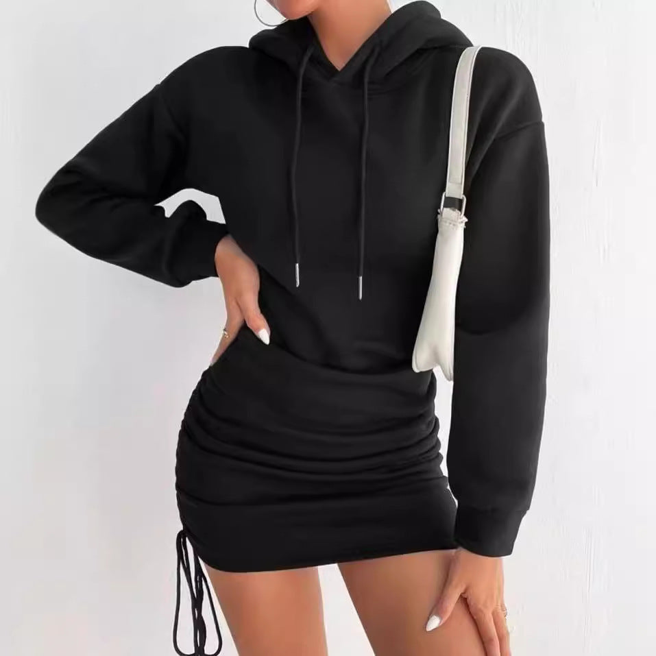Women’s hoodie dress in sweatshirt style with gathered mini skirt and drawstrings Mune Fashion