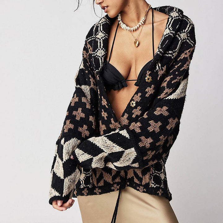 Ladies Oversized Cardigan with Shawl Collar and Graphic Pattern Mune Fashion