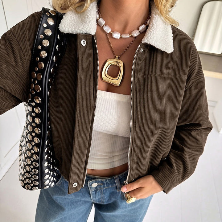 Women Short Cut Cord Jacket with Teddy Lining and Sheep Collar Mune Fashion
