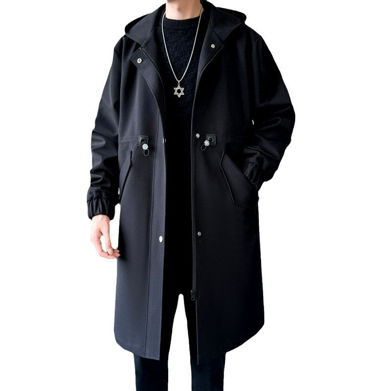 Men's longer water-repellent hooded coat with drawstring, concealed zipper, and flap pockets Mune Fashion