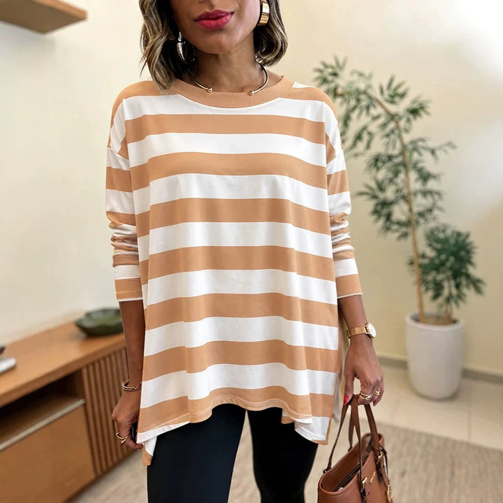 Women Oversized Striped Long Sleeve with Round Neckline and Rounded Hem Drune